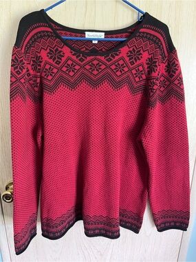 NORTH STYLE Cotton Fair Isle Sweater, Bird's Eye Pattern Rolled Edges RED 1X